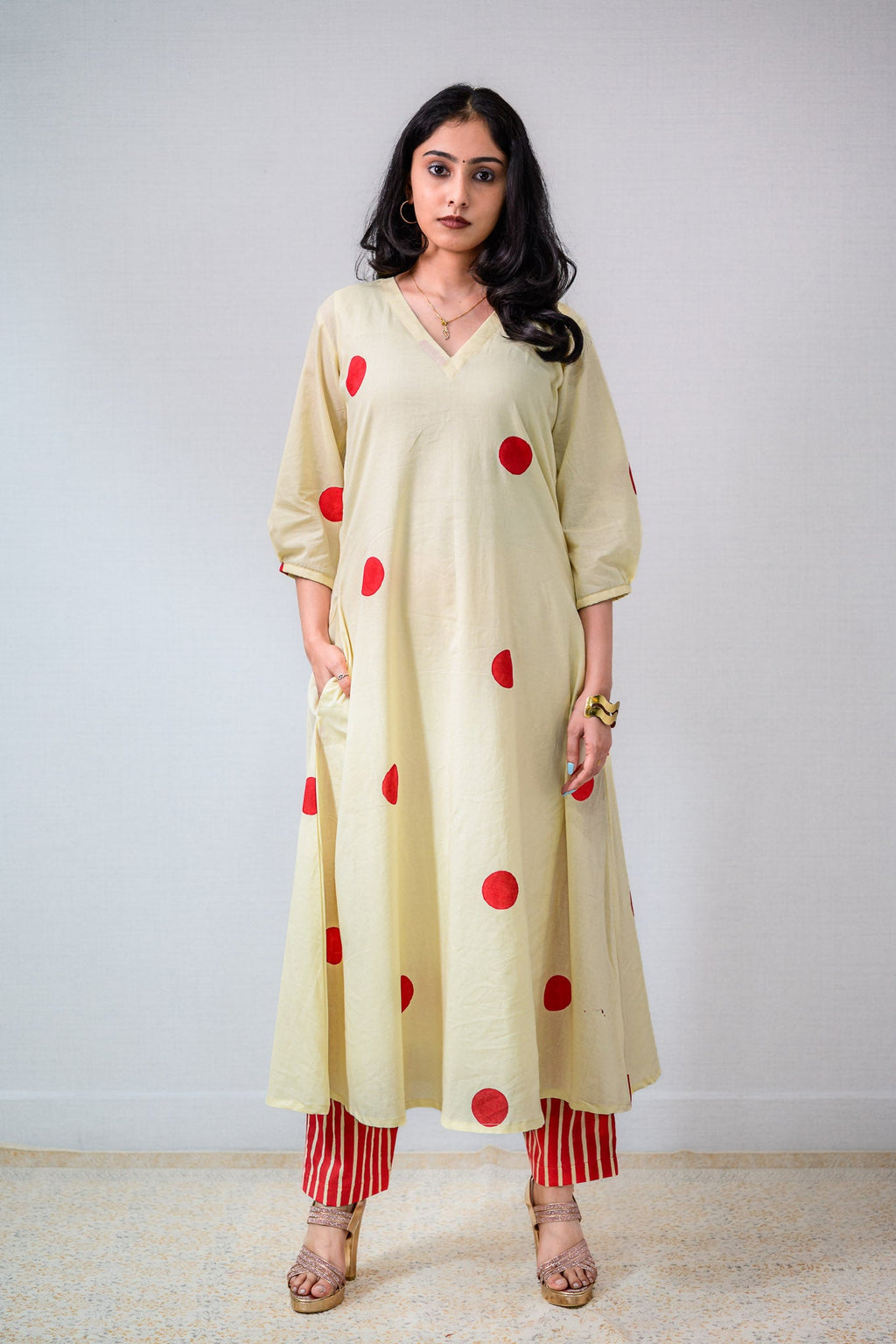 Set of 2 - Red Polkas on Cream Kurta & Pants Set - Lobha Deepthis