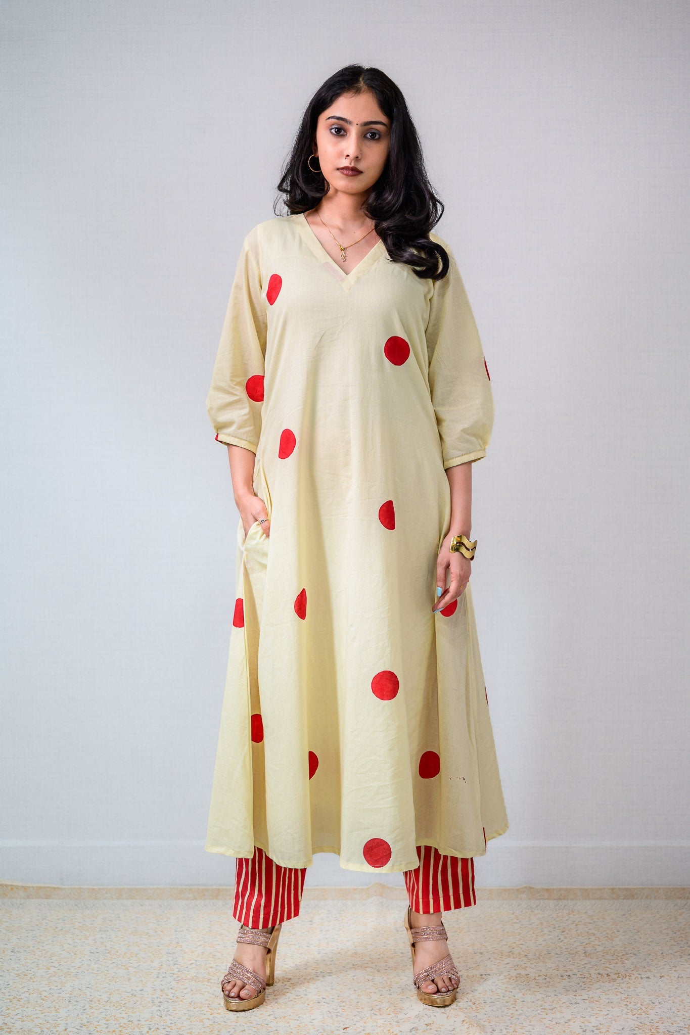 Set of 2 - Red Polkas on Cream Kurta & Pants Set - Lobha Deepthis