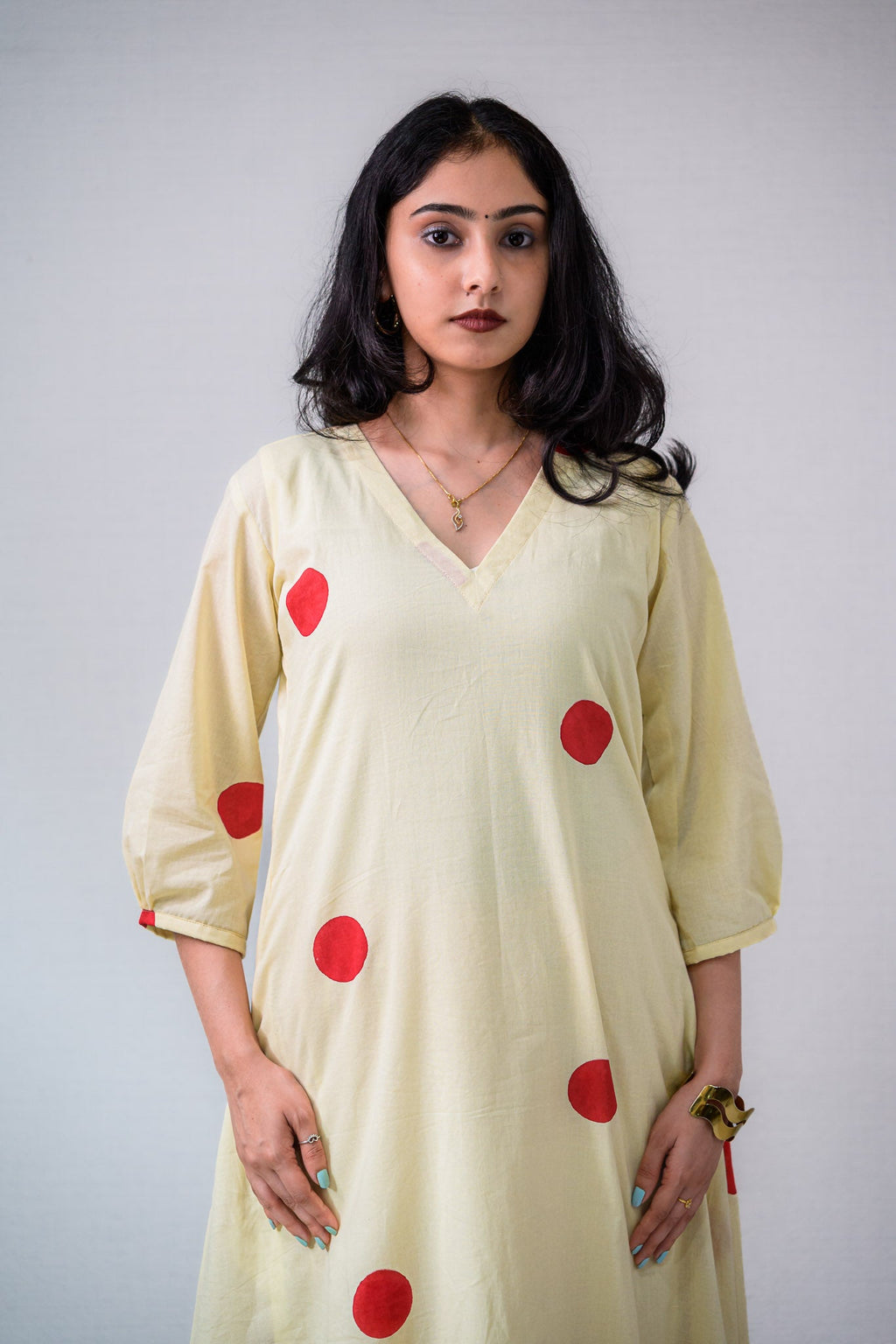 Set of 2 - Red Polkas on Cream Kurta & Pants Set - Lobha Deepthis