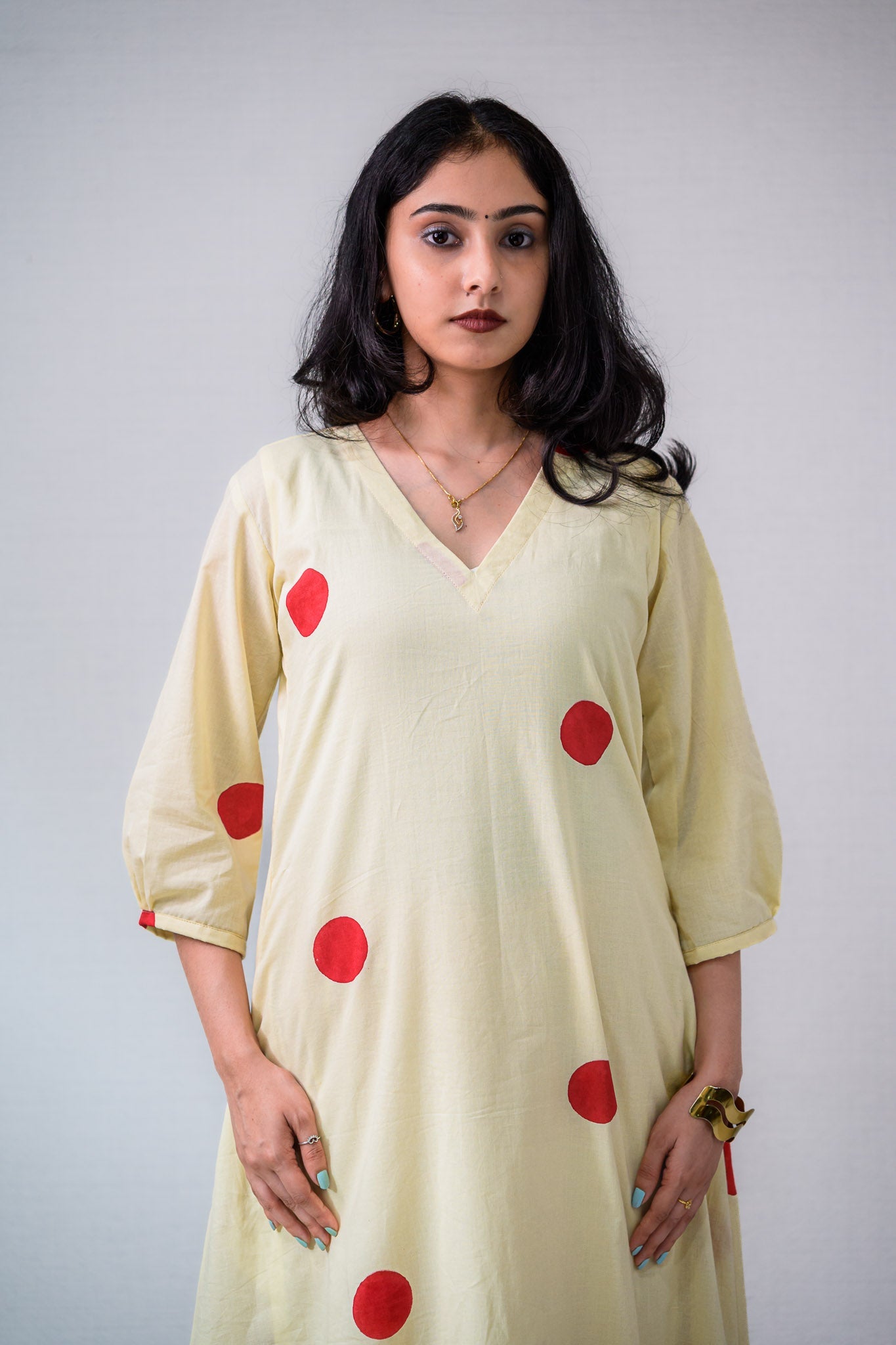 Set of 2 - Red Polkas on Cream Kurta & Pants Set - Lobha Deepthis