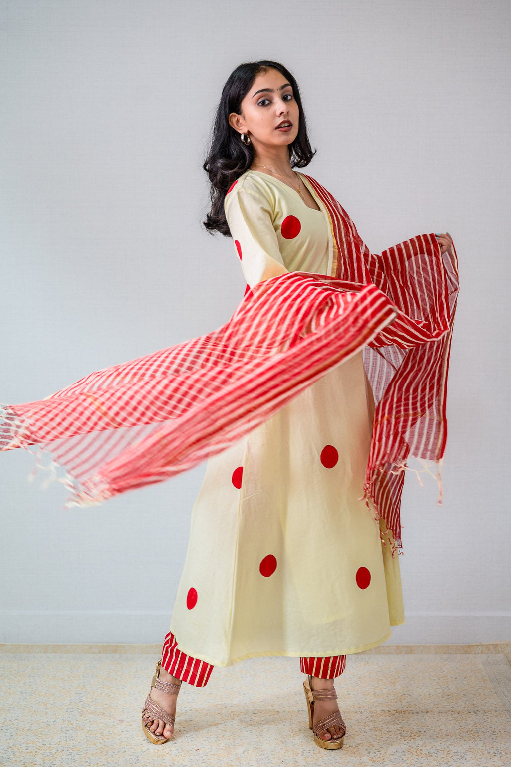 Set of 2 - Red Polkas on Cream Kurta & Pants Set - Lobha Deepthis