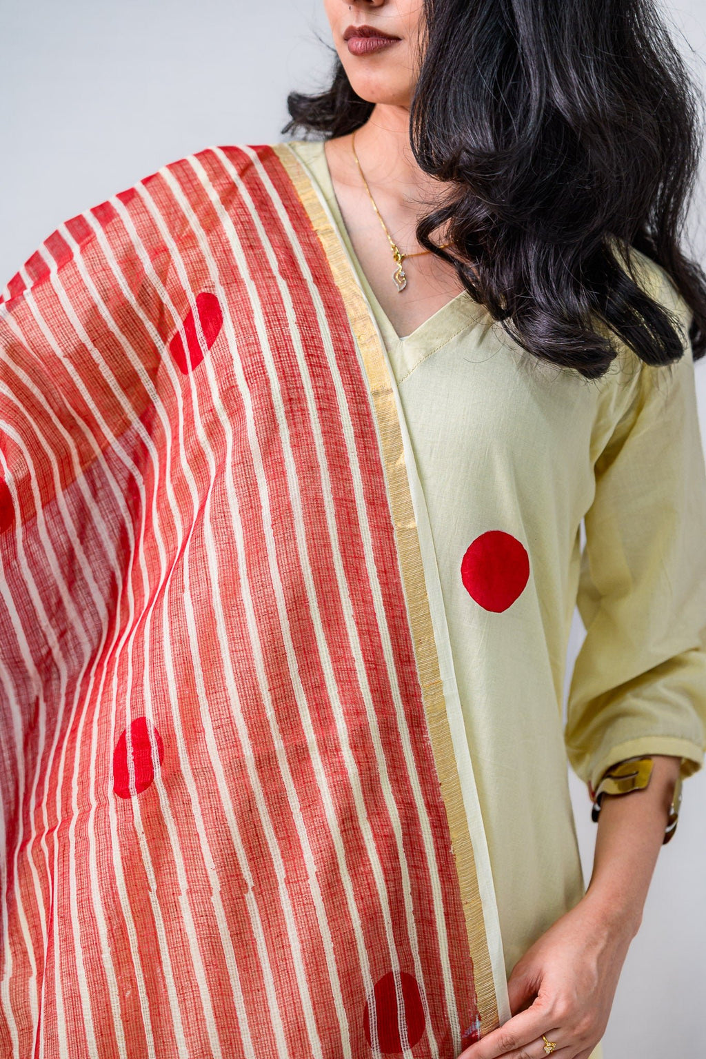 Set of 2 - Red Polkas on Cream Kurta & Pants Set - Lobha Deepthis