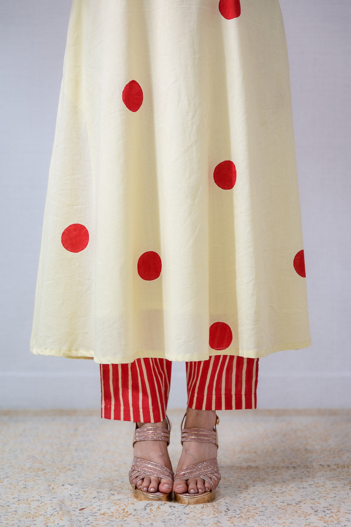Set of 2 - Red Polkas on Cream Kurta & Pants Set - Lobha Deepthis