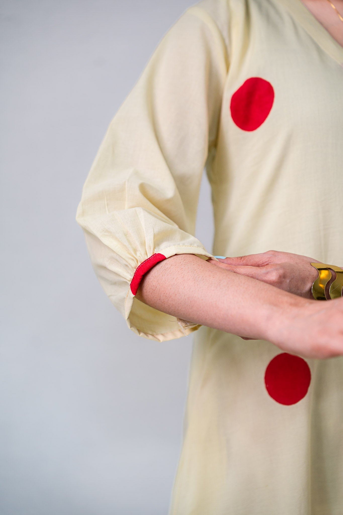 Set of 2 - Red Polkas on Cream Kurta & Pants Set - Lobha Deepthis