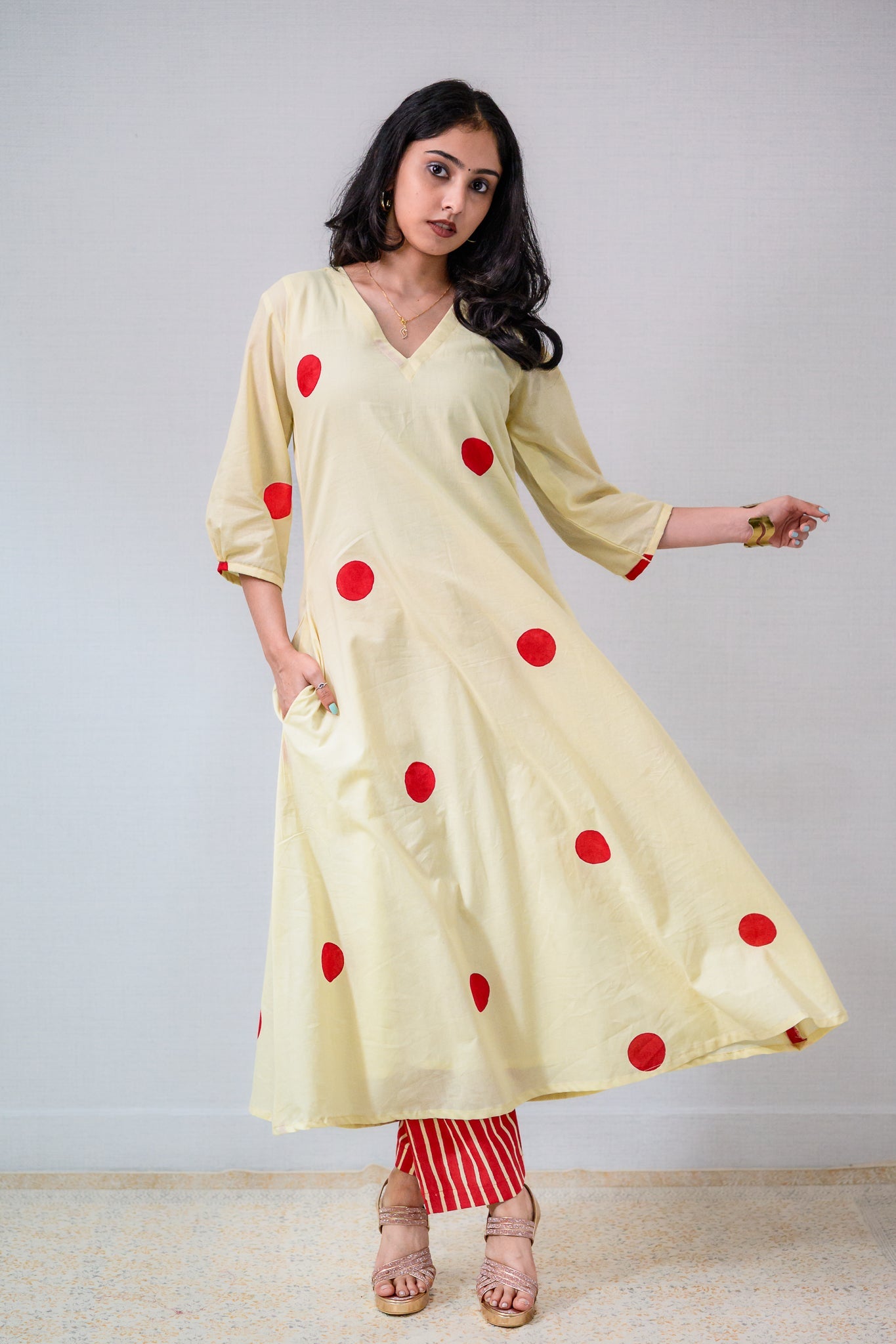 Set of 2 - Red Polkas on Cream Kurta & Pants Set - Lobha Deepthis