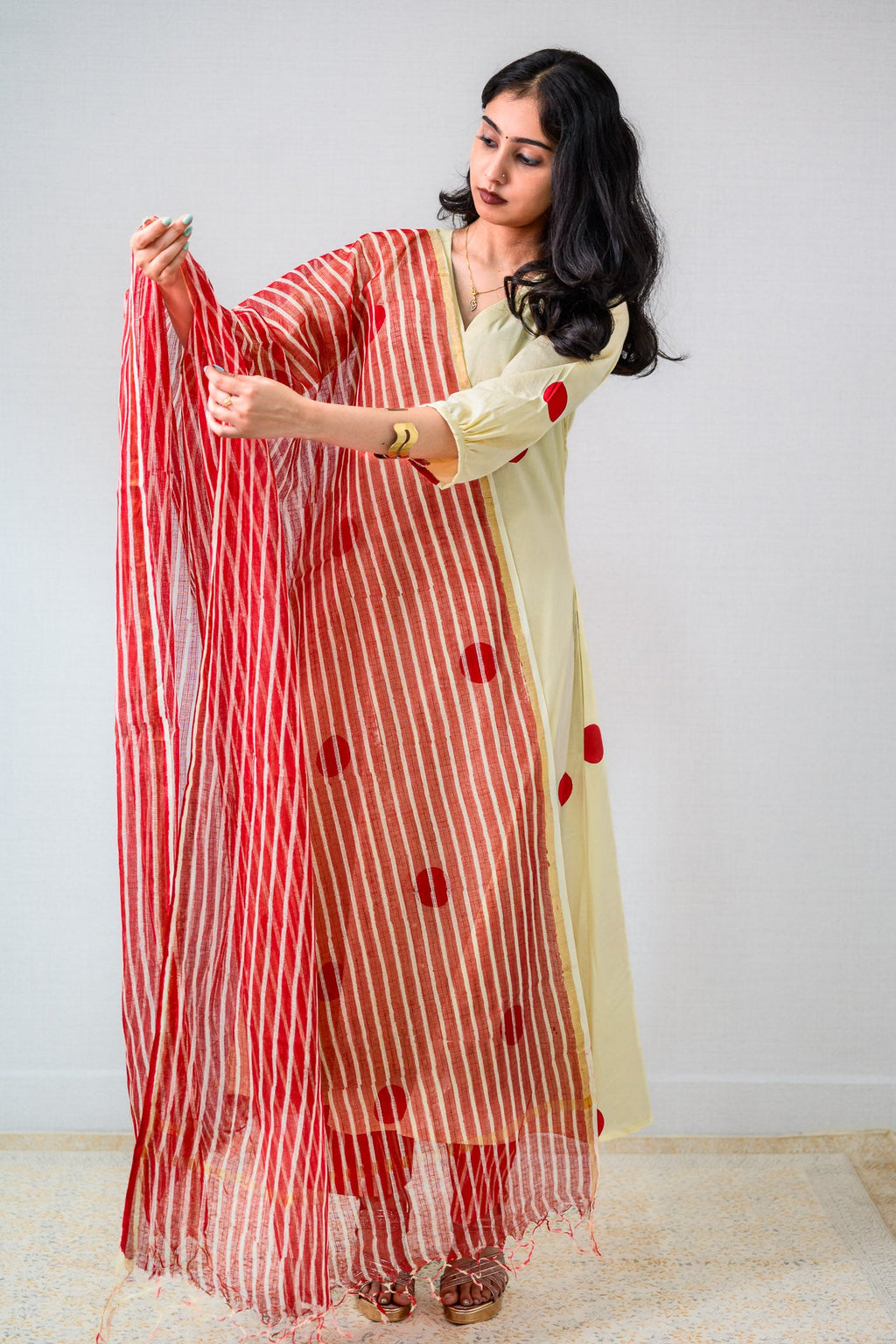 Set of 2 - Red Polkas on Cream Kurta & Pants Set - Lobha Deepthis