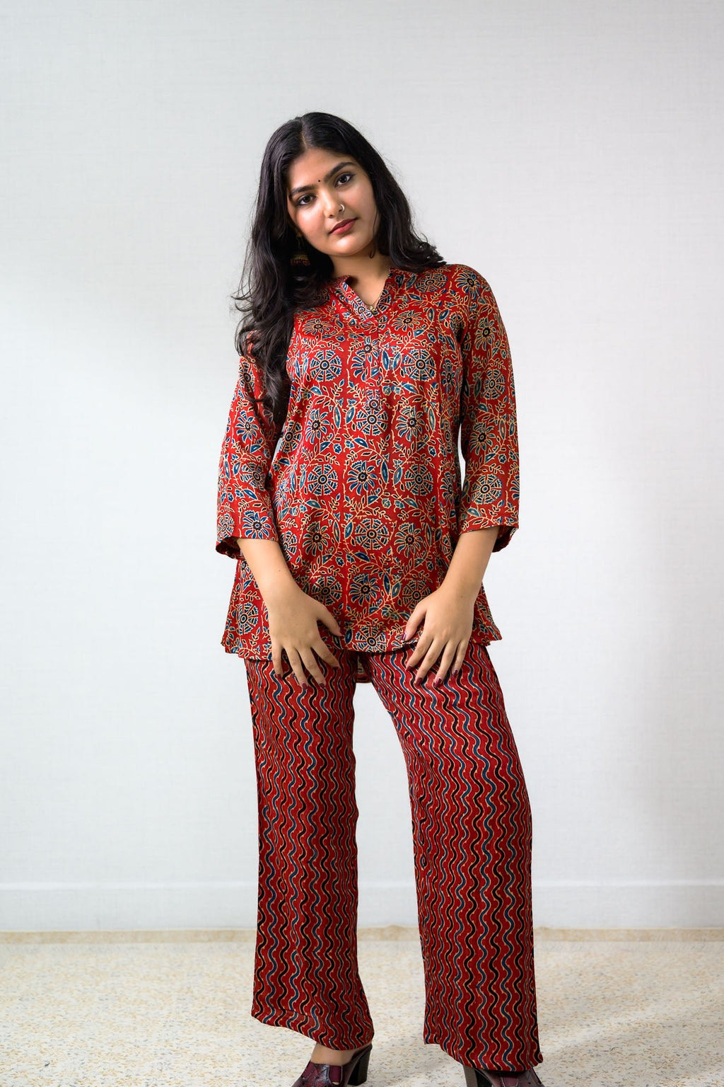 Set of 2 - Red Spring Modal Ajrakh Short Top & Parallel Pants - Lobha Deepthis