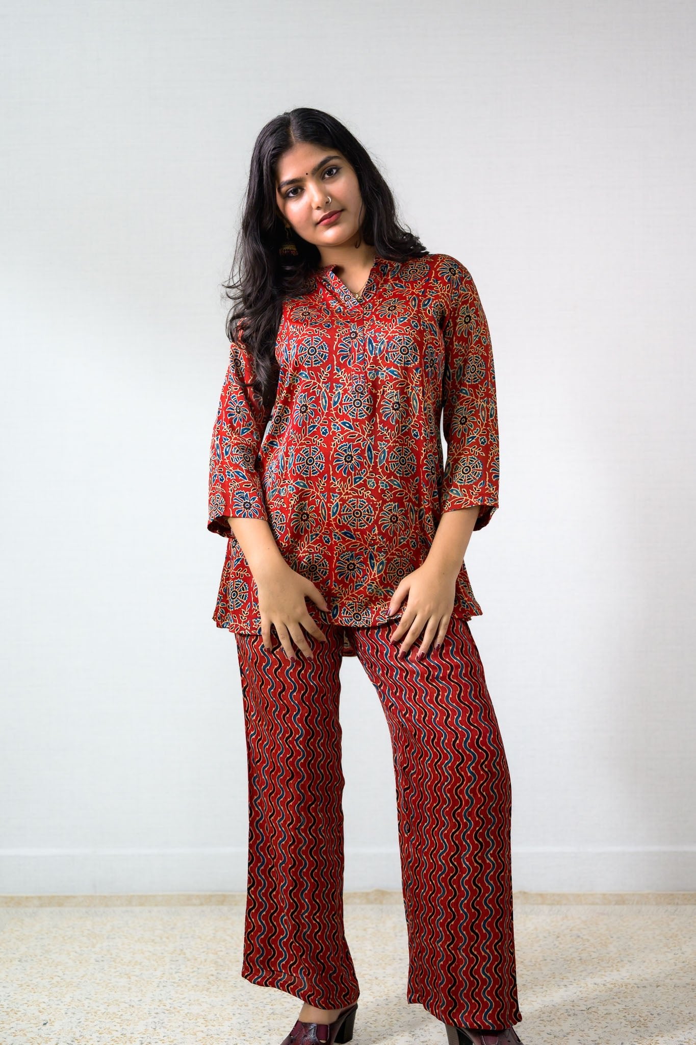 Set of 2 - Red Spring Modal Ajrakh Short Top & Parallel Pants - Lobha Deepthis