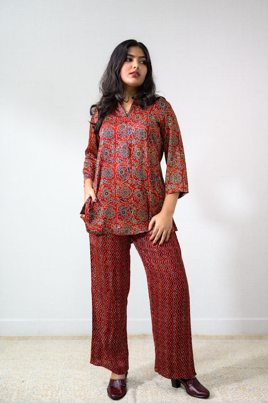 Set of 2 - Red Spring Modal Ajrakh Short Top & Parallel Pants - Lobha Deepthis