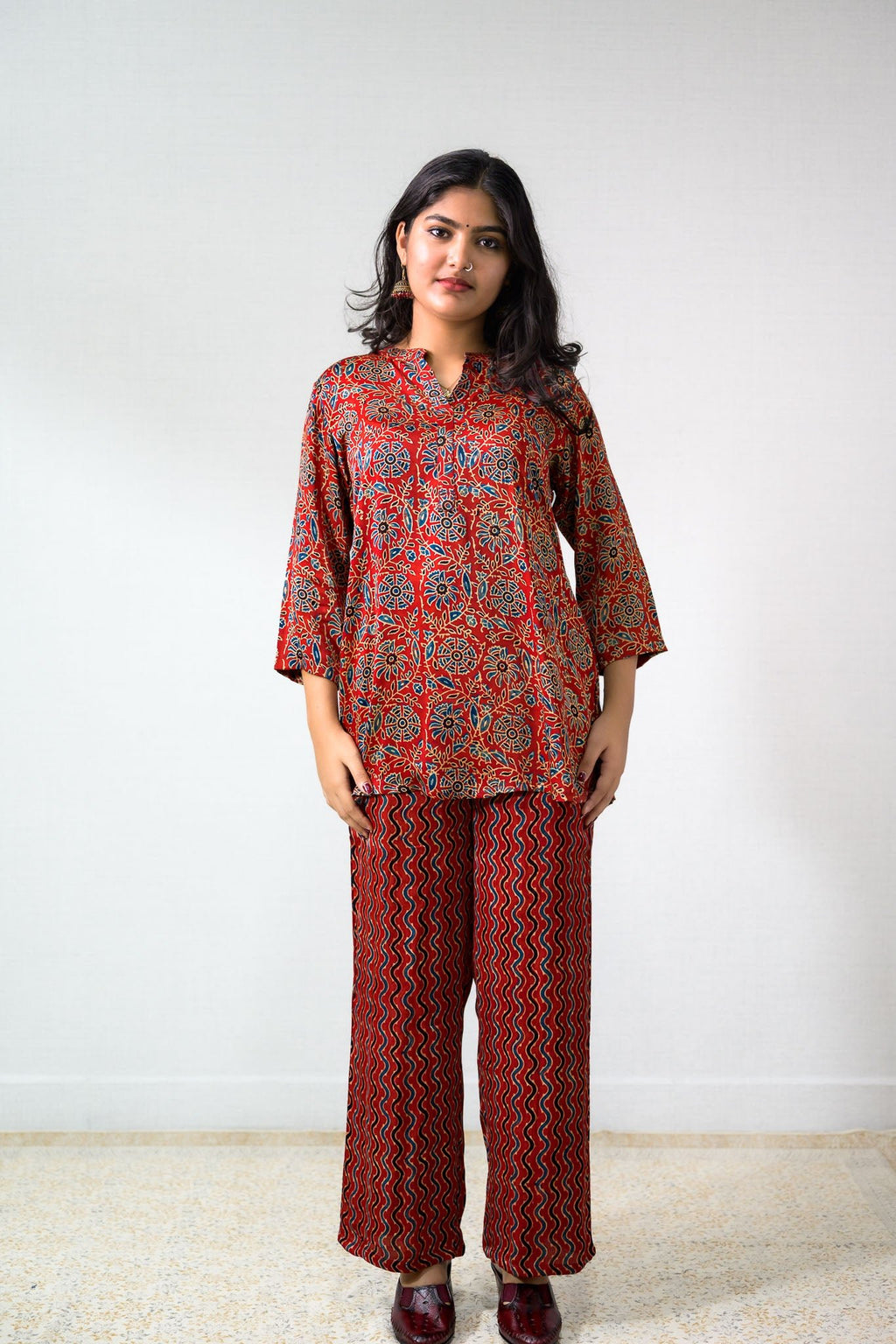 Set of 2 - Red Spring Modal Ajrakh Short Top & Parallel Pants - Lobha Deepthis