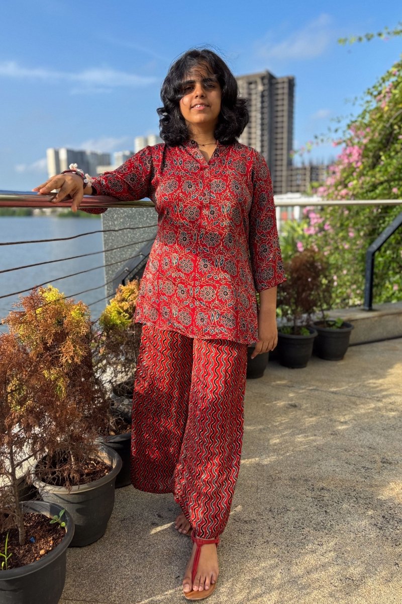 Set of 2 - Red Spring Modal Ajrakh Short Top & Parallel Pants - Lobha Deepthis