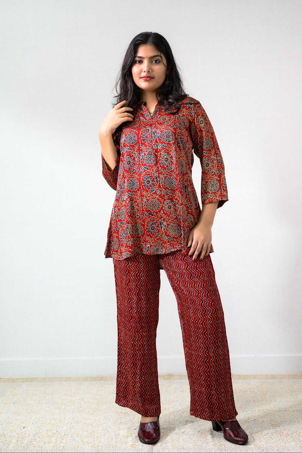 Set of 2 - Red Spring Modal Ajrakh Short Top & Parallel Pants - Lobha Deepthis