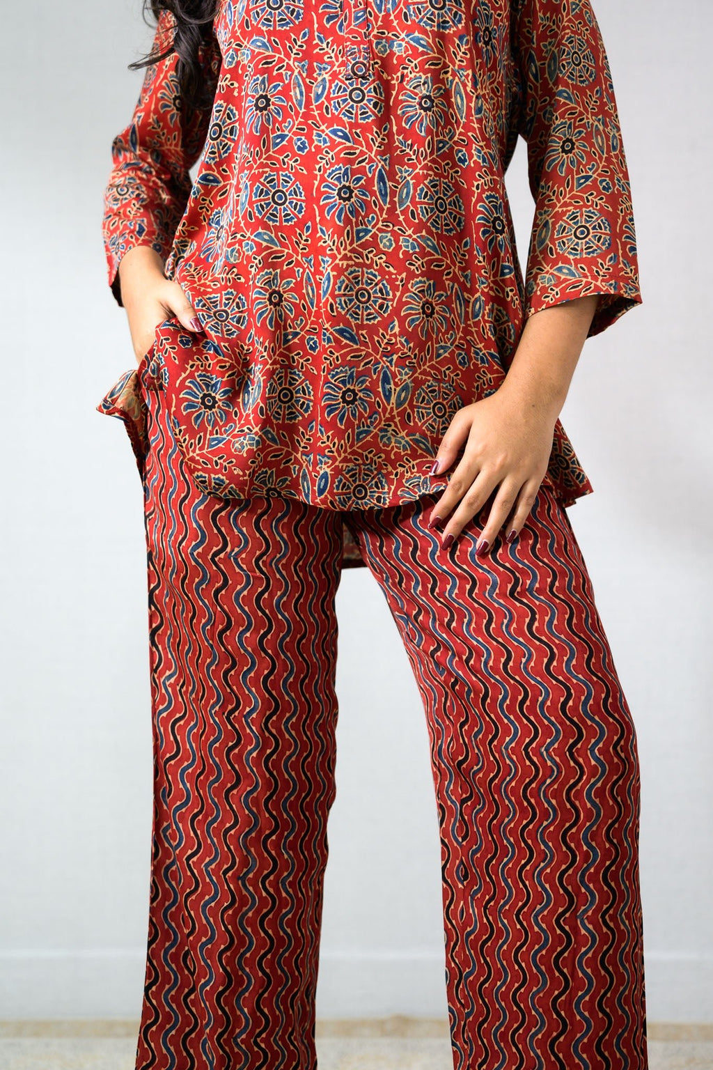 Set of 2 - Red Spring Modal Ajrakh Short Top & Parallel Pants - Lobha Deepthis