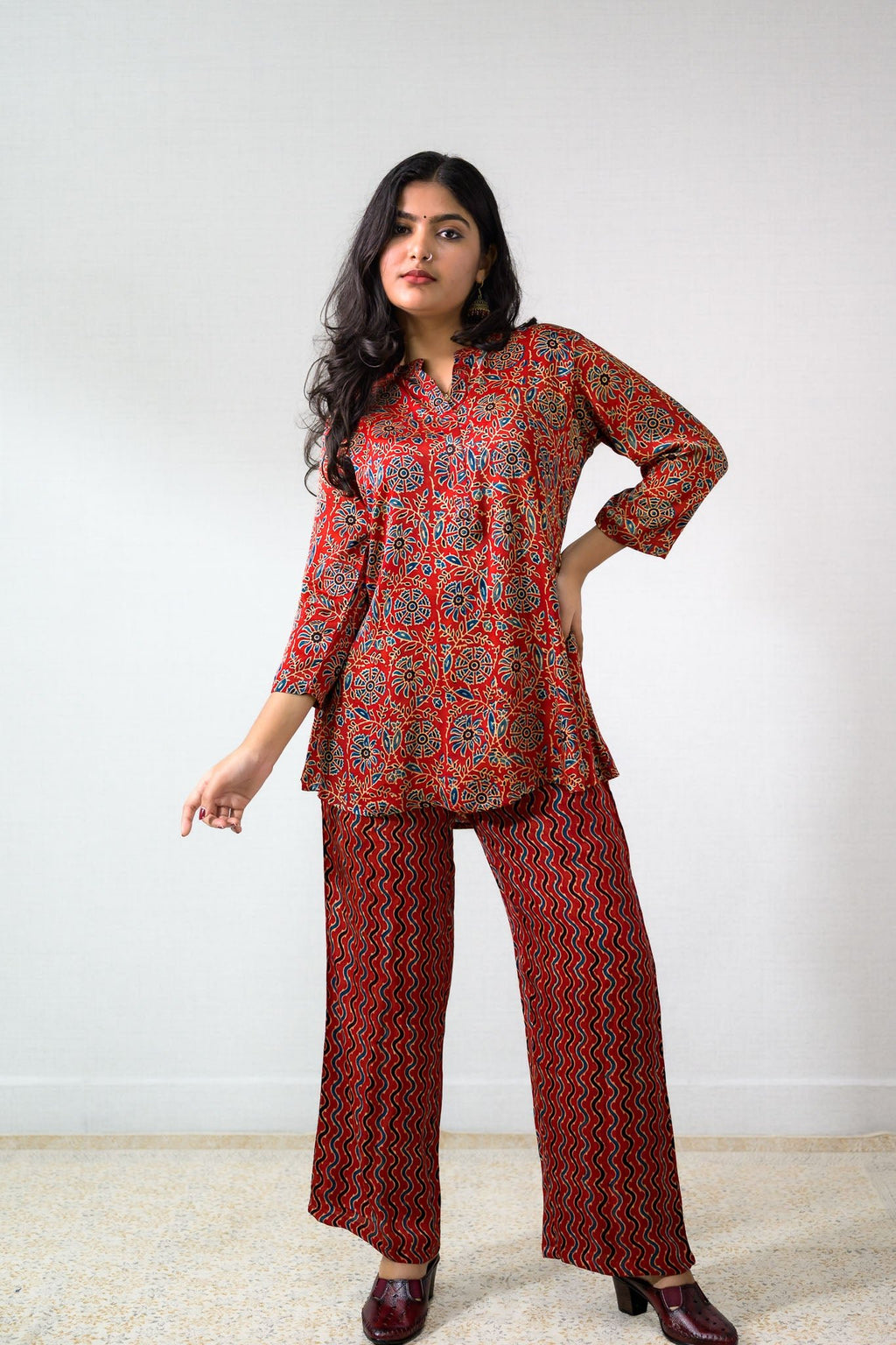 Set of 2 - Red Spring Modal Ajrakh Short Top & Parallel Pants - Lobha Deepthis
