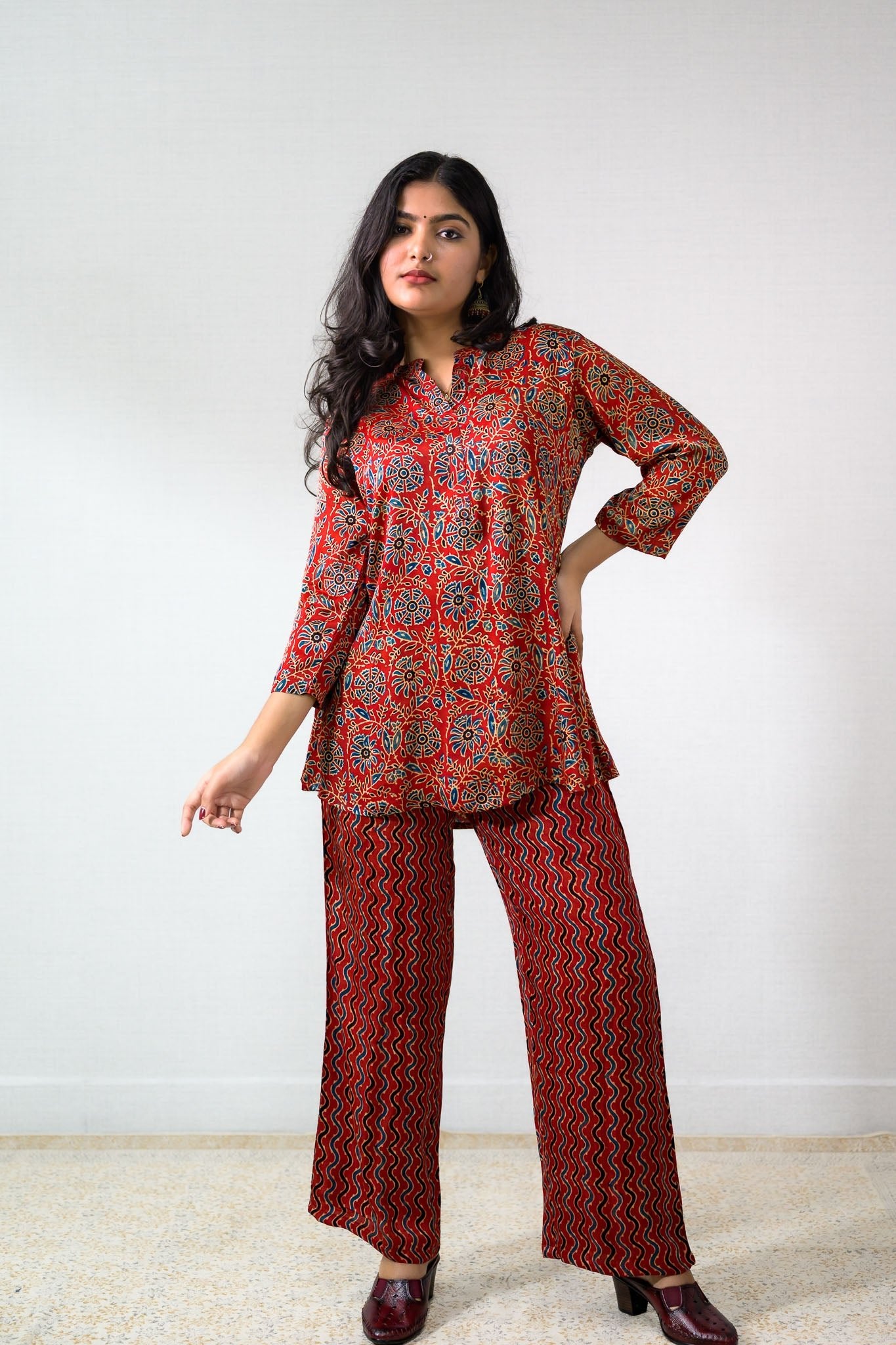 Set of 2 - Red Spring Modal Ajrakh Short Top & Parallel Pants - Lobha Deepthis