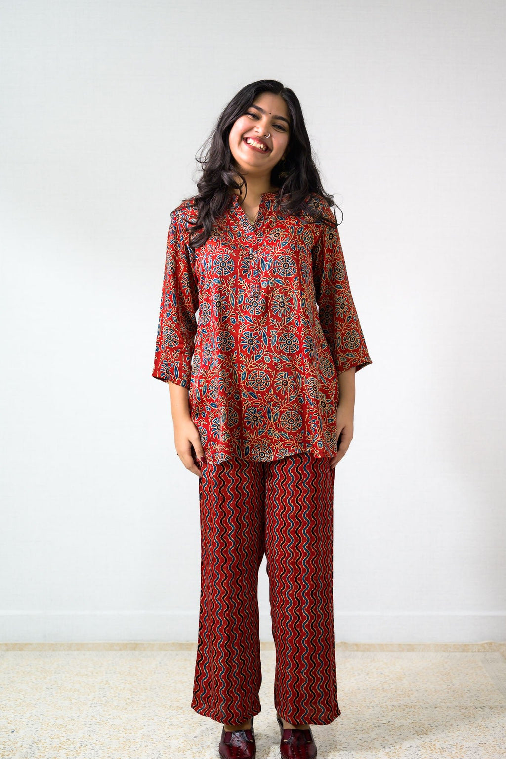 Set of 2 - Red Spring Modal Ajrakh Short Top & Parallel Pants - Lobha Deepthis