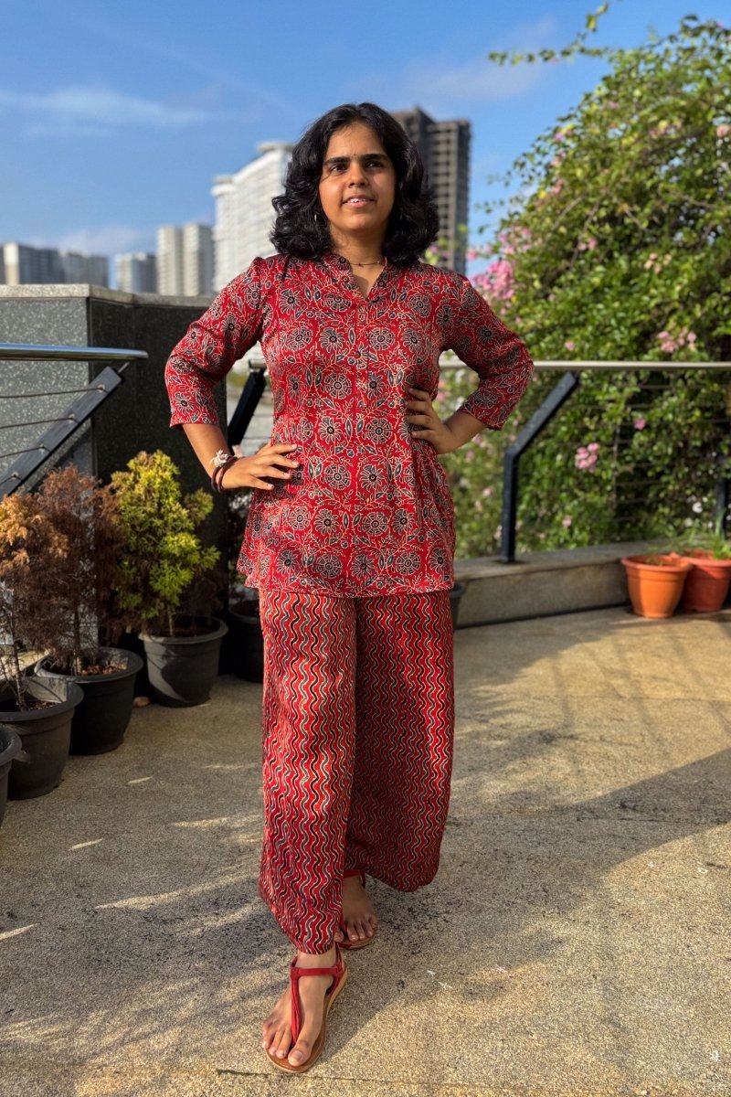 Set of 2 - Red Spring Modal Ajrakh Short Top & Parallel Pants - Lobha Deepthis