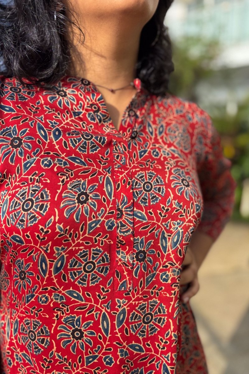 Set of 2 - Red Spring Modal Ajrakh Short Top & Parallel Pants - Lobha Deepthis