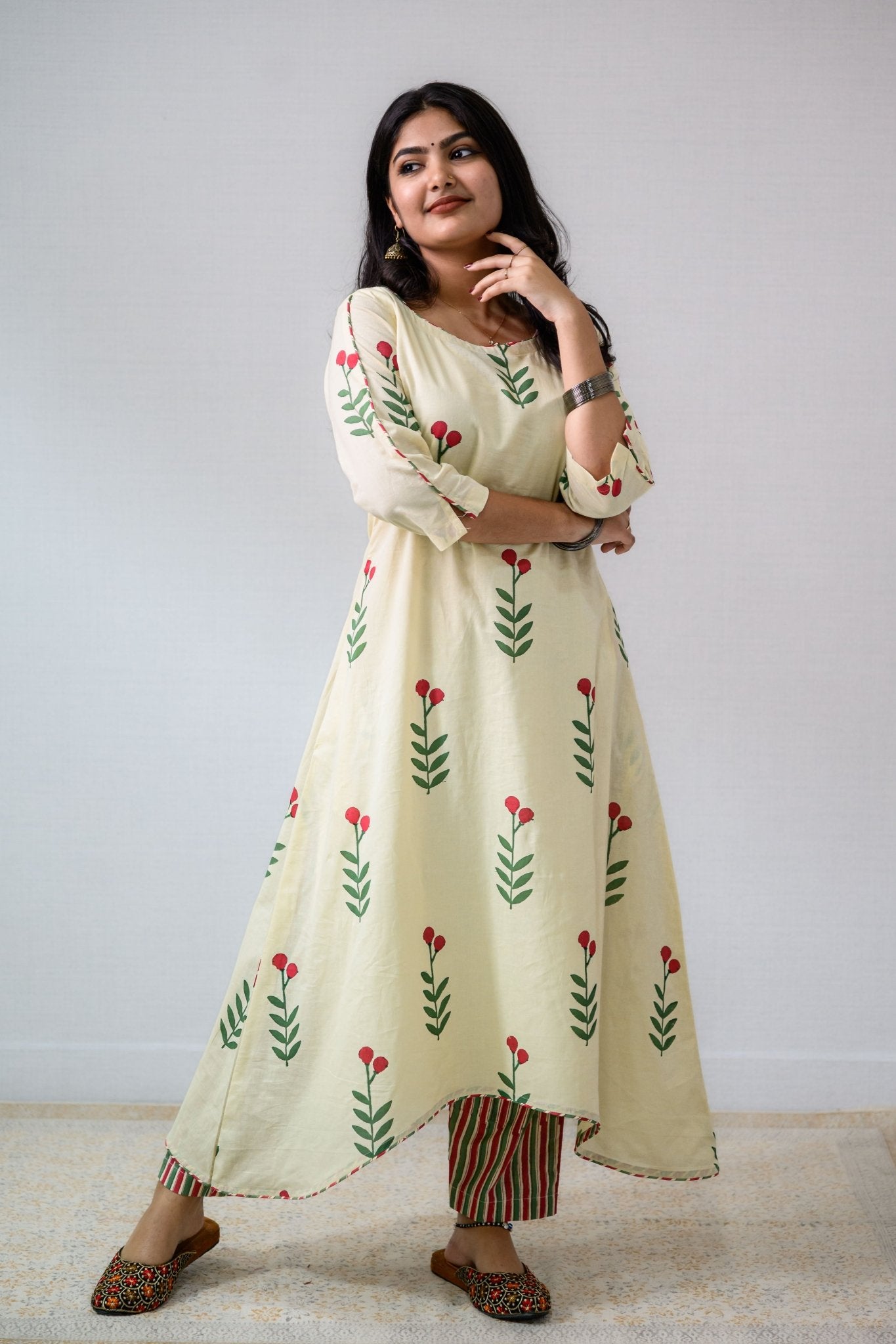 Set of 2 - Rose Buds on Cream High Low Kurta & Pants Set - Lobha Deepthis