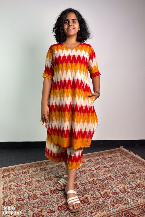 Set of 2 - Saffron & Snow Ikkat Short Kurta and Palazzo - Lobha Deepthis