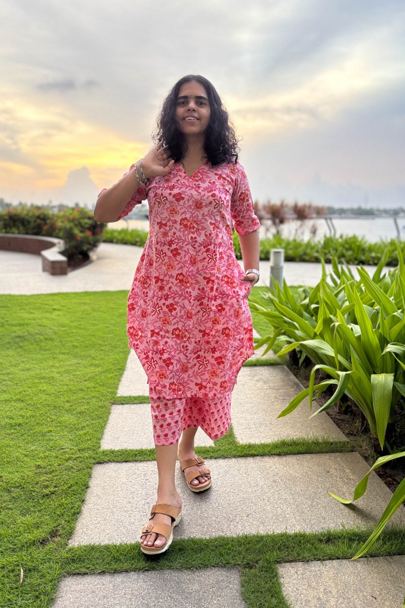 Set of 2 - Sakura Sanganeri Short Kurta & Palazzo - Lobha Deepthis