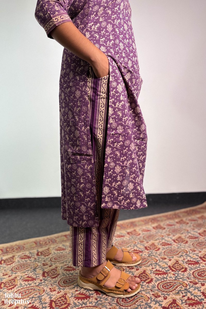 Set of 2 - Warli Roots Lavender Kurta & Pants - Lobha Deepthis