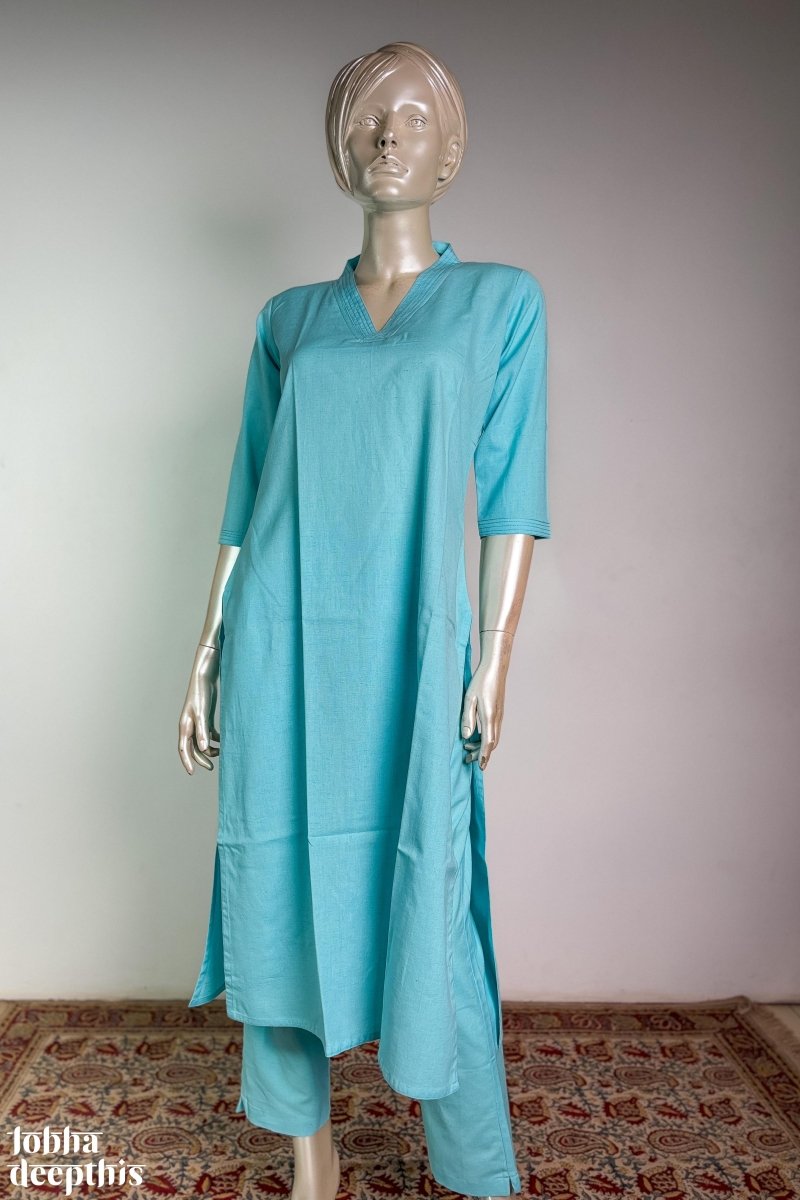 Sky Blue Cotton Flax Kurta - Lobha Deepthis