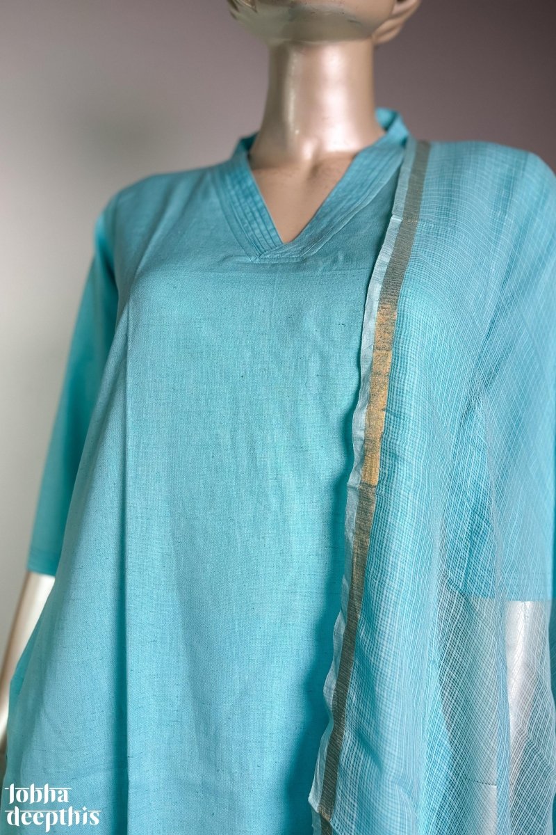 Sky Blue Cotton Flax Kurta - Lobha Deepthis