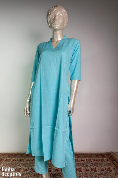 Sky Blue Cotton Flax Kurta - Lobha Deepthis