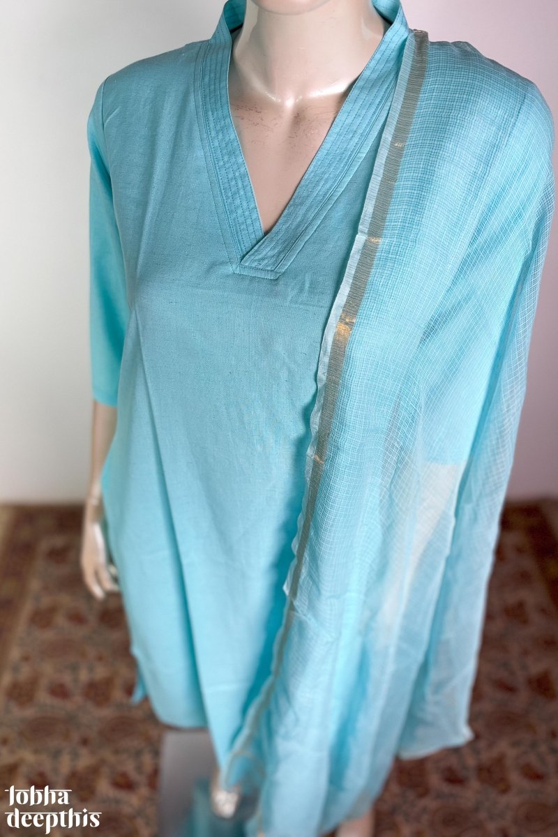 Sky Blue Cotton Flax Kurta - Lobha Deepthis