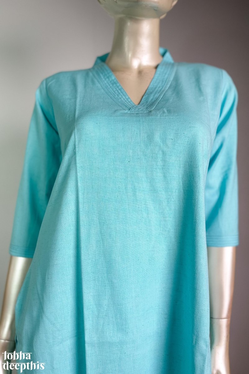 Sky Blue Cotton Flax Kurta - Lobha Deepthis