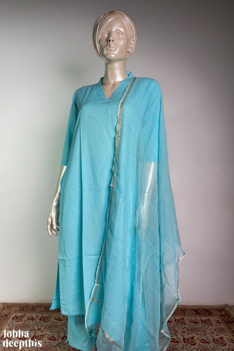 Sky Blue Cotton Flax Kurta - Lobha Deepthis