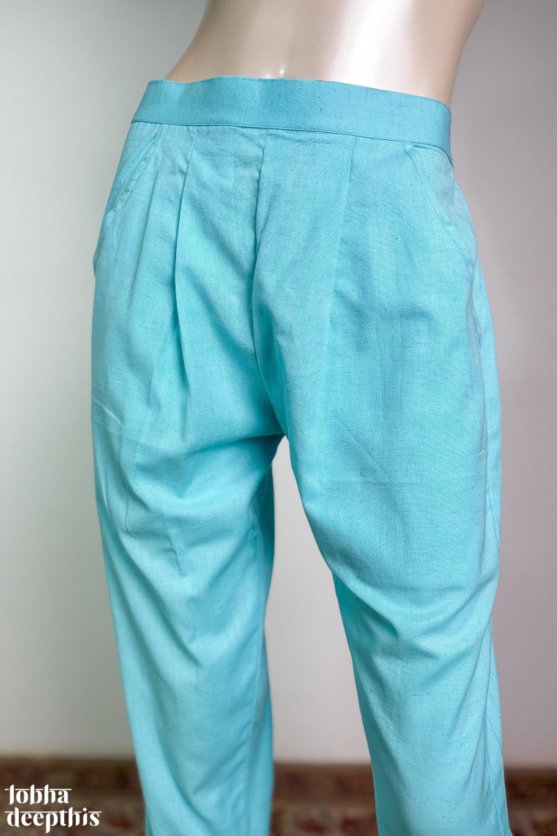 Sky Blue Cotton Flax Pencil Pants - Lobha Deepthis