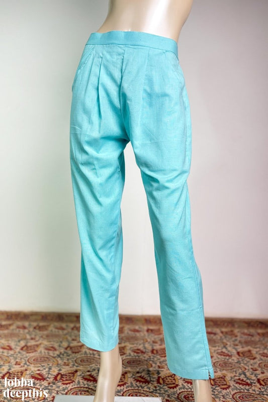 Sky Blue Cotton Flax Pencil Pants - Lobha Deepthis