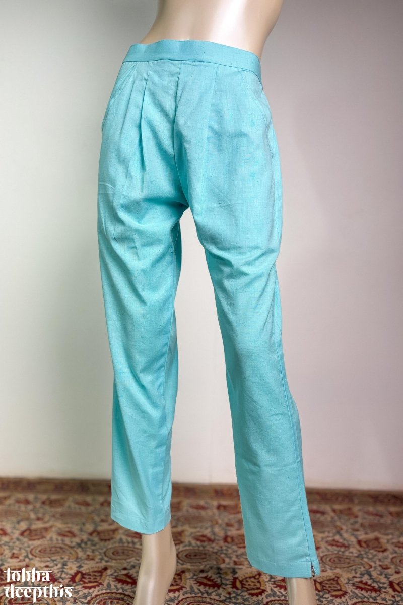 Sky Blue Cotton Flax Pencil Pants - Lobha Deepthis