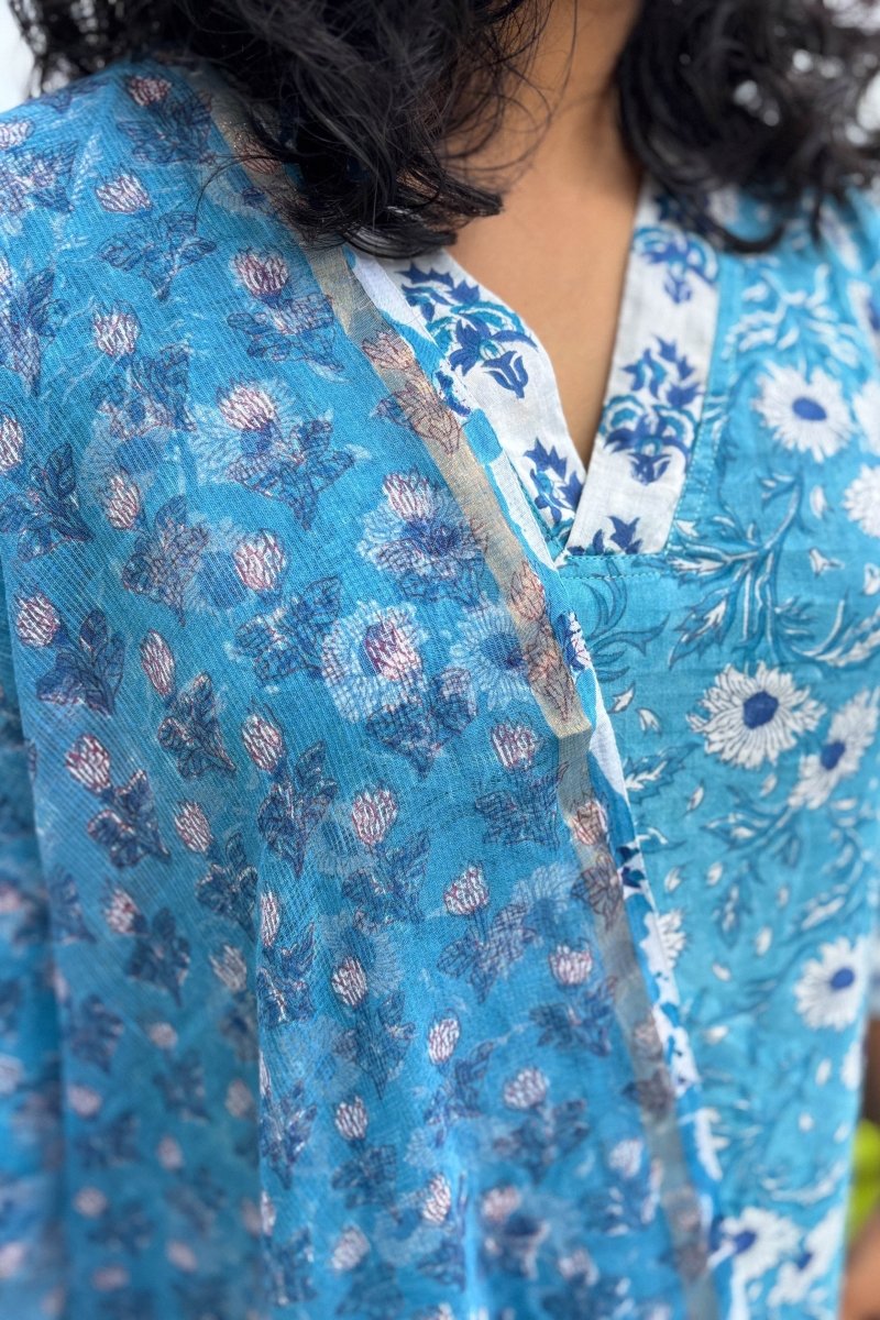 Sorai Sanganeri Handprinted Kota Doria Dupatta - Lobha Deepthis