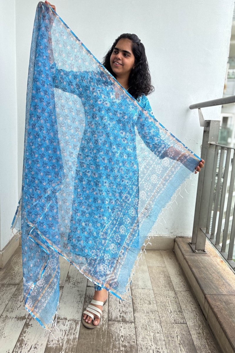 Sorai Sanganeri Handprinted Kota Doria Dupatta - Lobha Deepthis