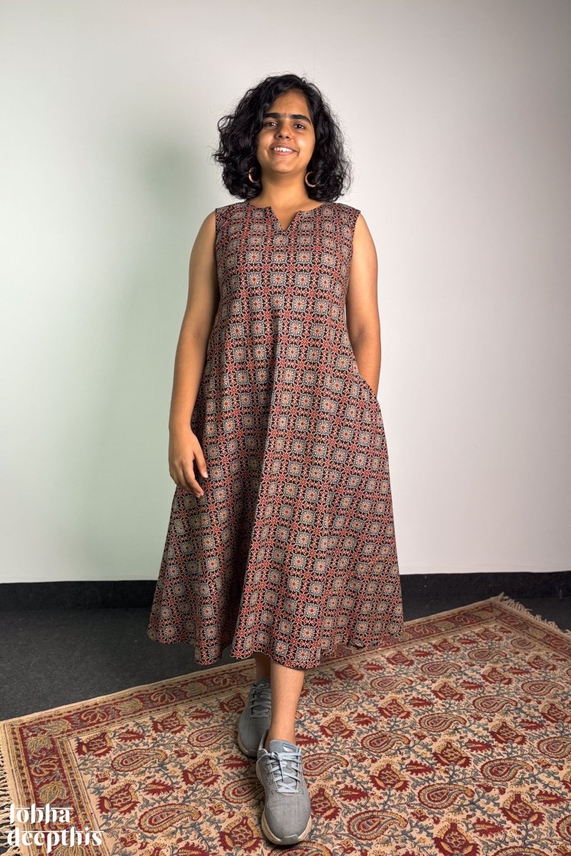 Tara Black Ajrakh Cross Cut Dress - Lobha Deepthis