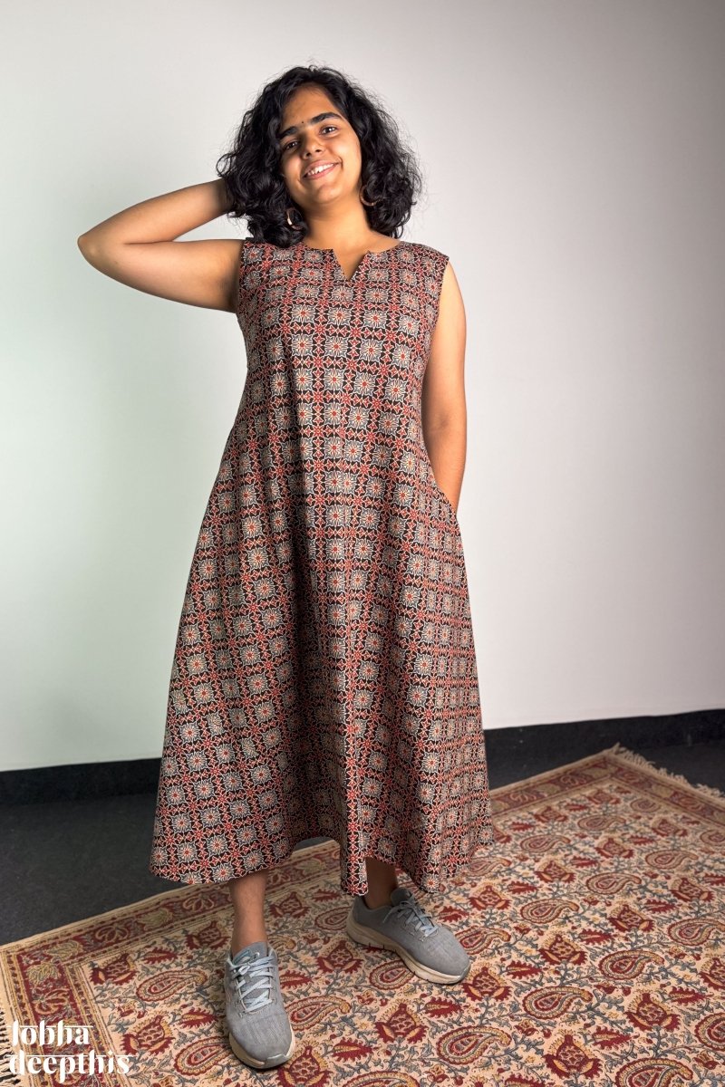 Tara Black Ajrakh Cross Cut Dress - Lobha Deepthis