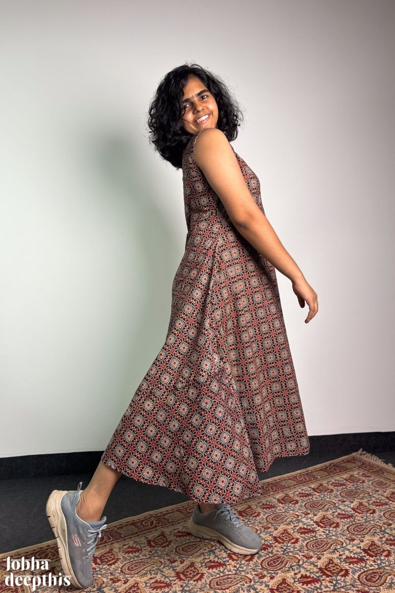 Tara Black Ajrakh Cross Cut Dress - Lobha Deepthis