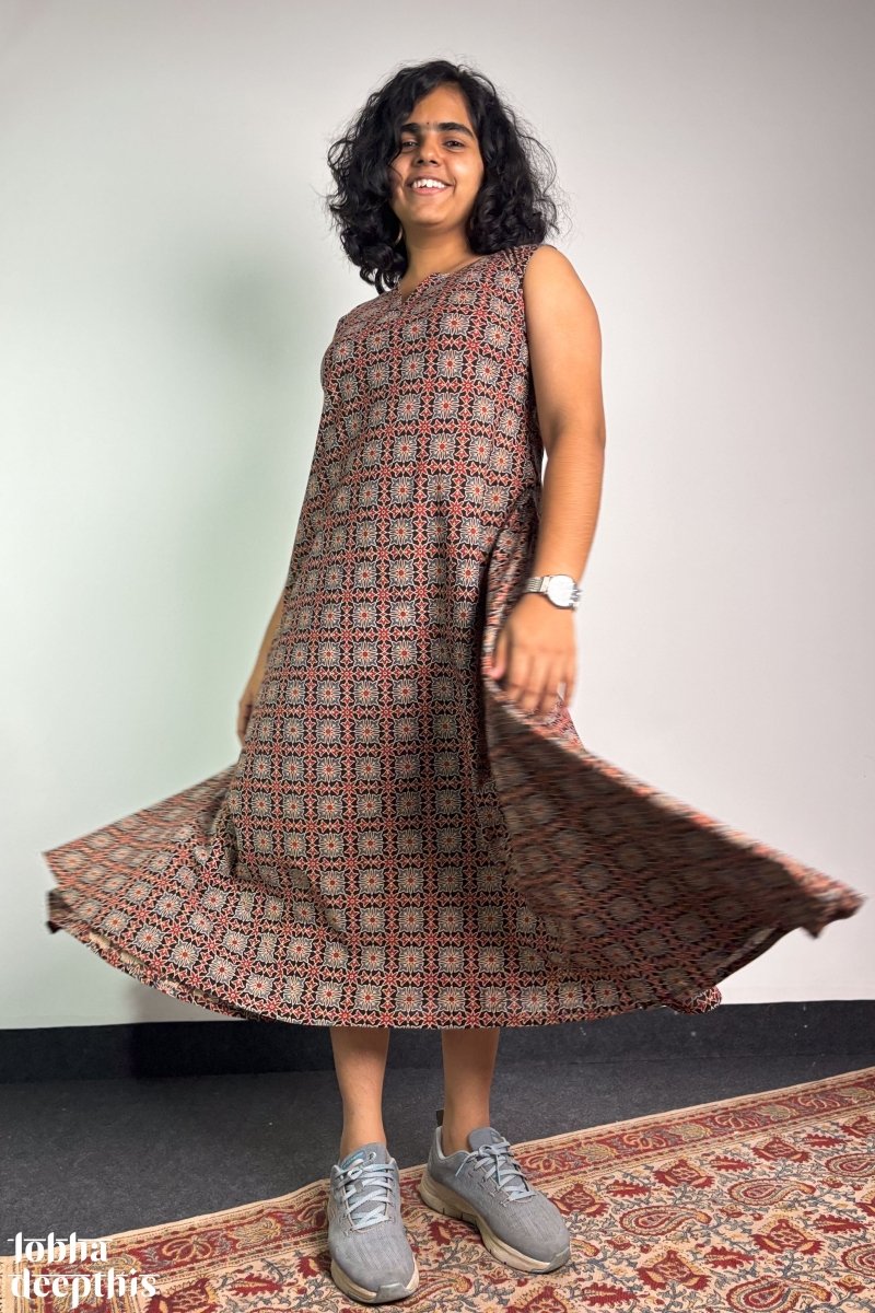 Tara Black Ajrakh Cross Cut Dress - Lobha Deepthis