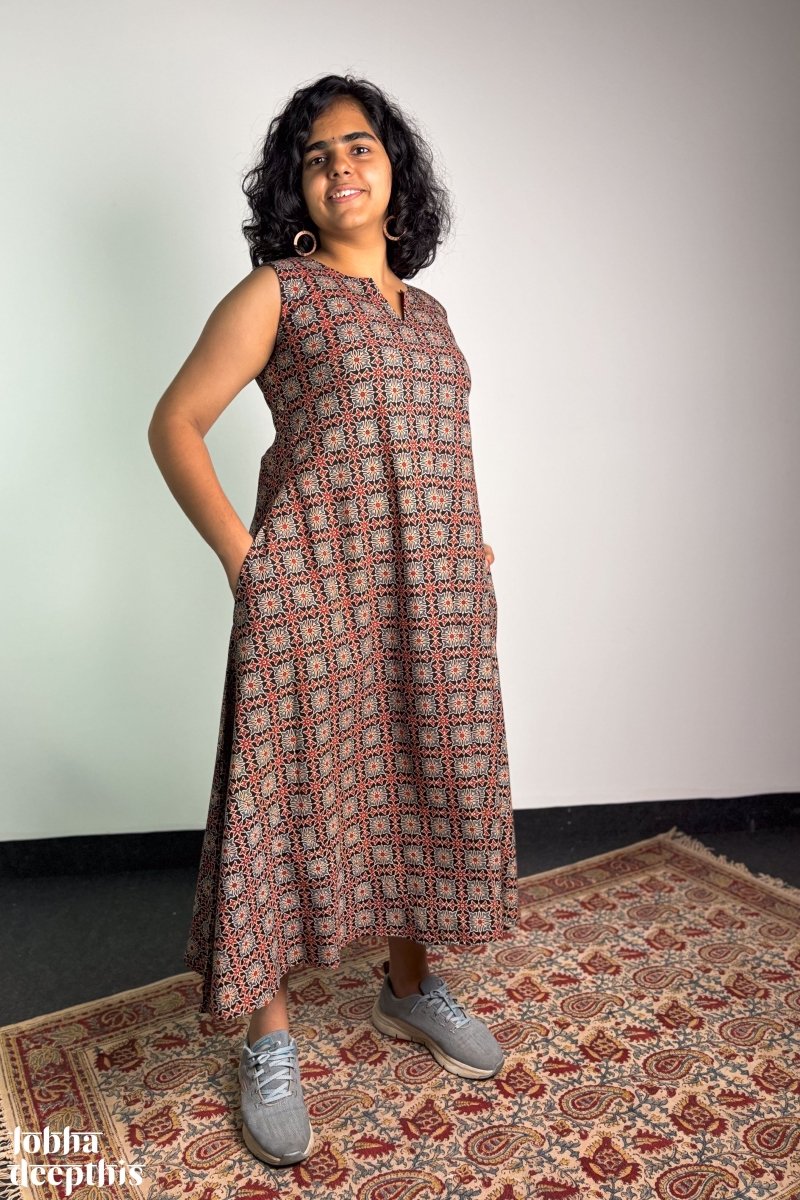 Tara Black Ajrakh Cross Cut Dress - Lobha Deepthis