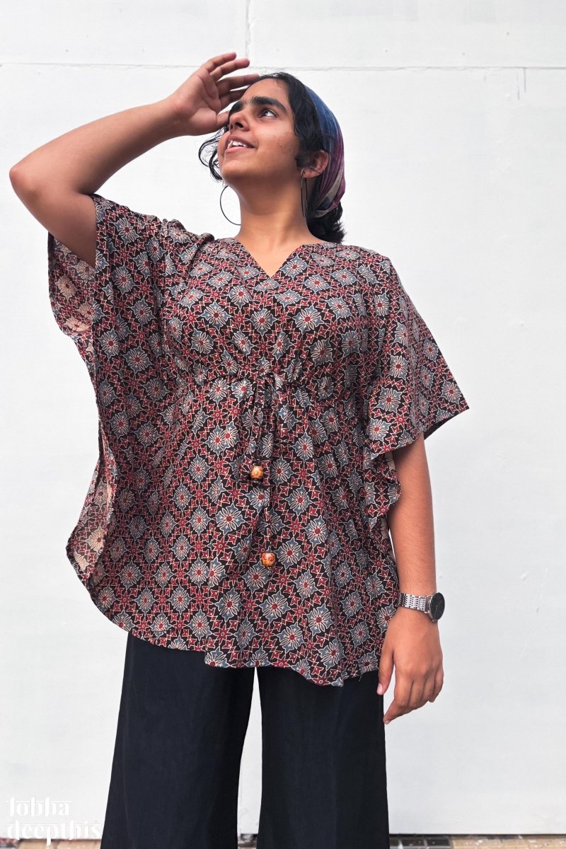 Tara Black Screen Print Cotton Short Kaftan Top with Tie Lobha Deepthis