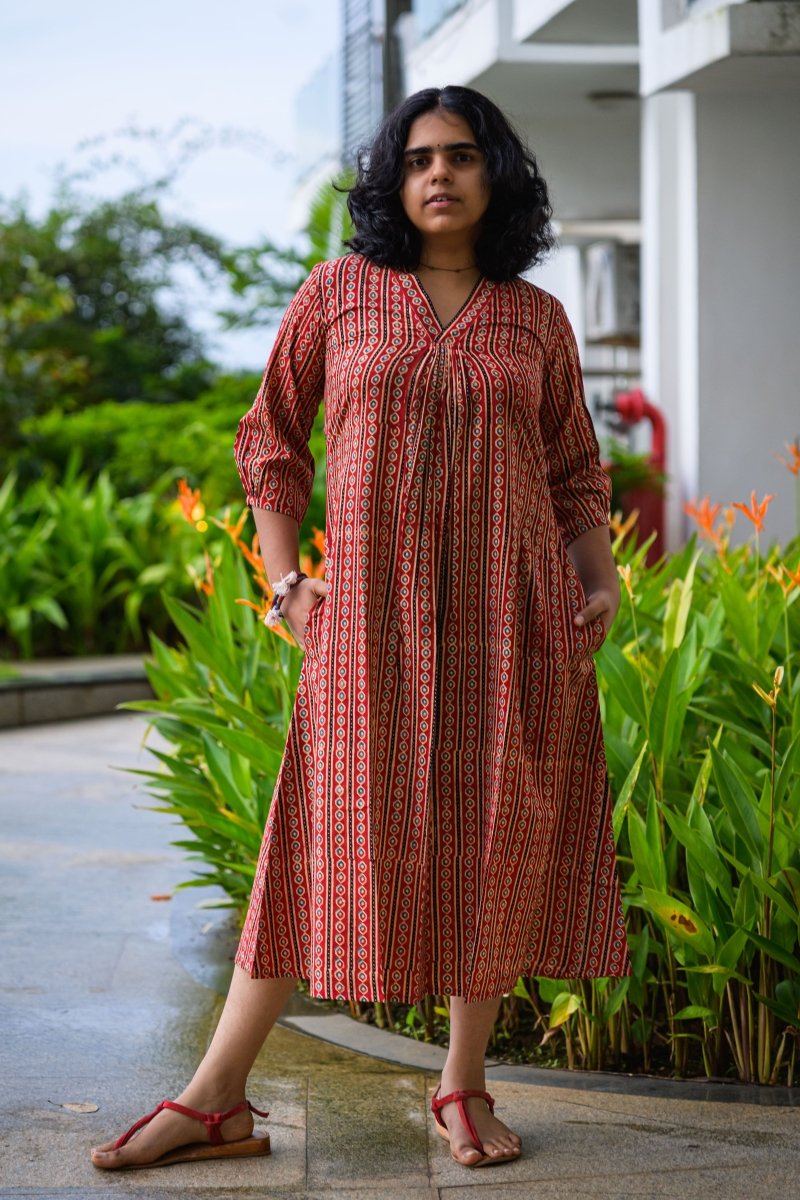 Taraana Ajrakh Stripes Dress - Lobha Deepthis