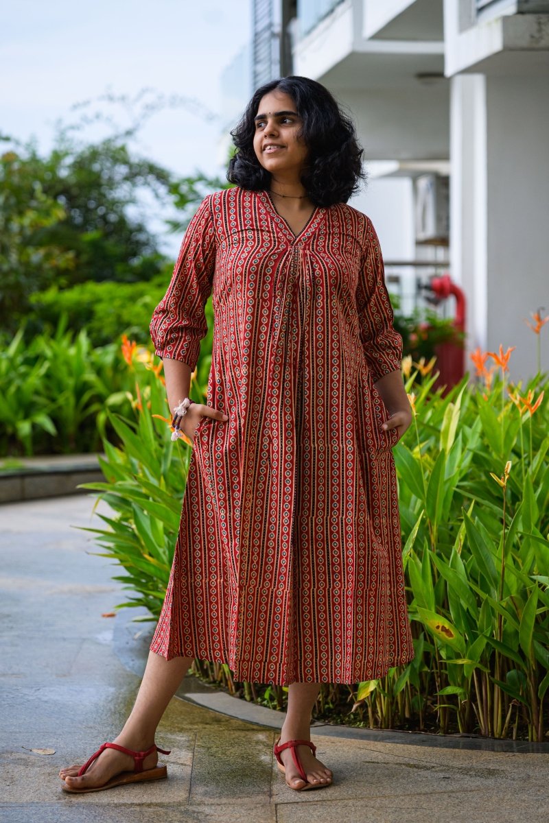 Taraana Ajrakh Stripes Dress - Lobha Deepthis