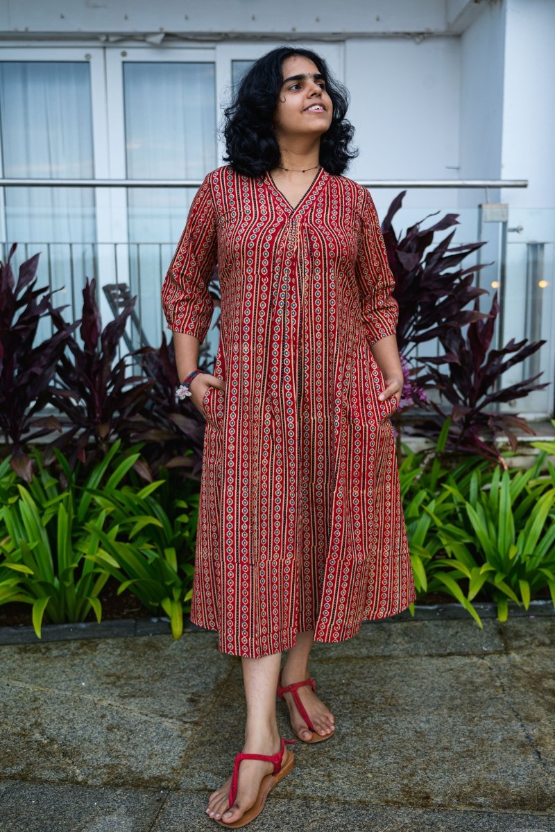 Taraana Ajrakh Stripes Dress - Lobha Deepthis