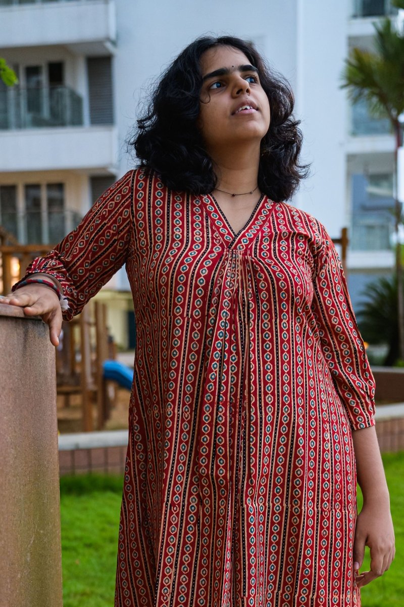 Taraana Ajrakh Stripes Dress - Lobha Deepthis