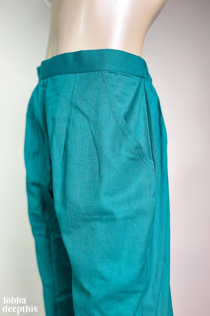 Teal Blue Cotton Flax Pencil Pants - Lobha Deepthis