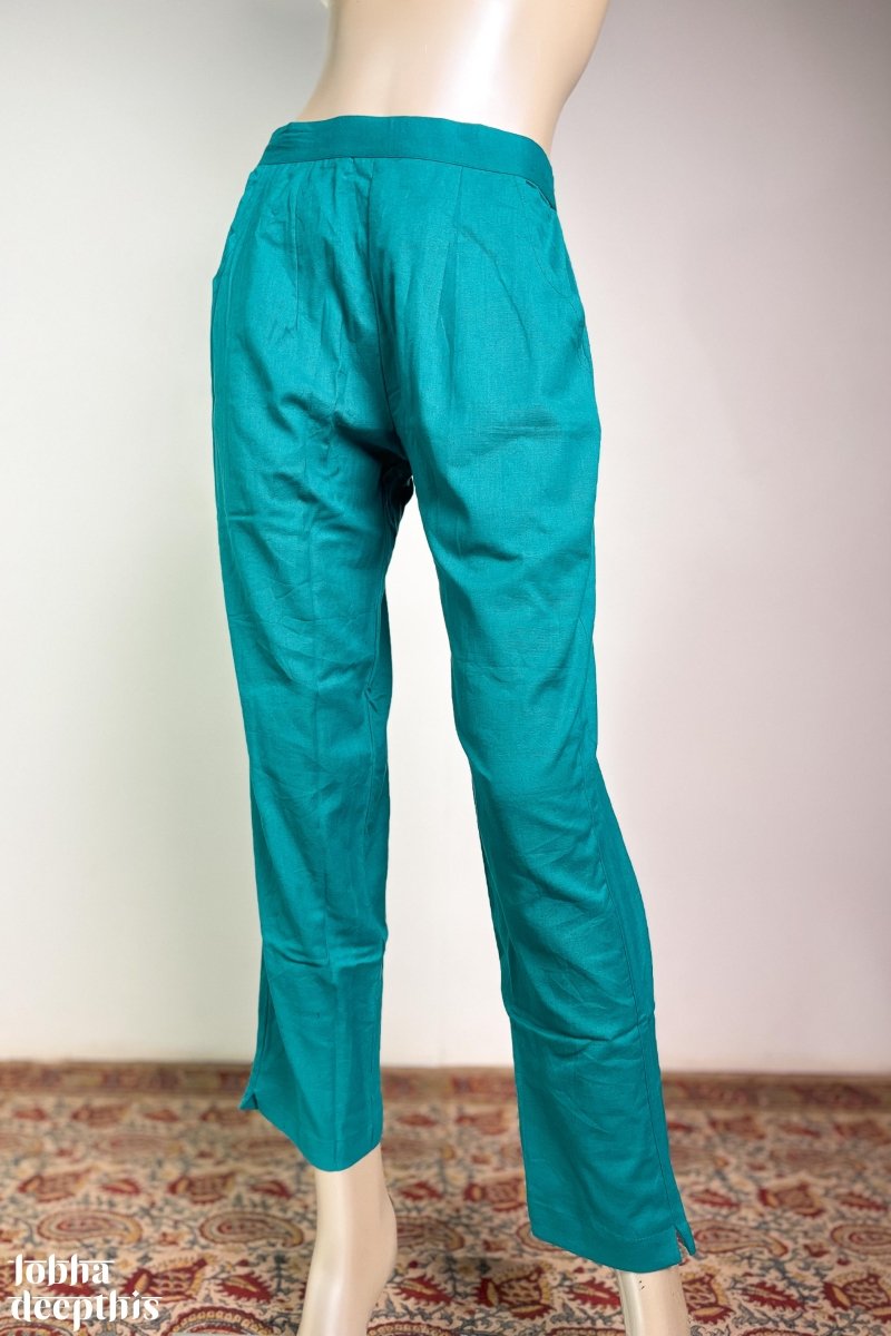 Teal Blue Cotton Flax Pencil Pants - Lobha Deepthis