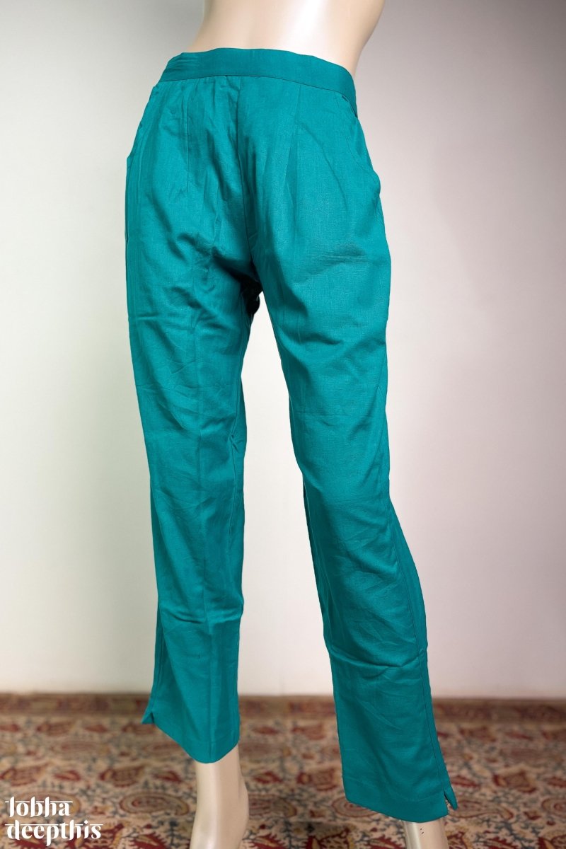 Teal Blue Cotton Flax Pencil Pants - Lobha Deepthis